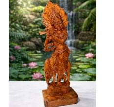 Handcrafted Wood Krishna Statue for Pooja Decor